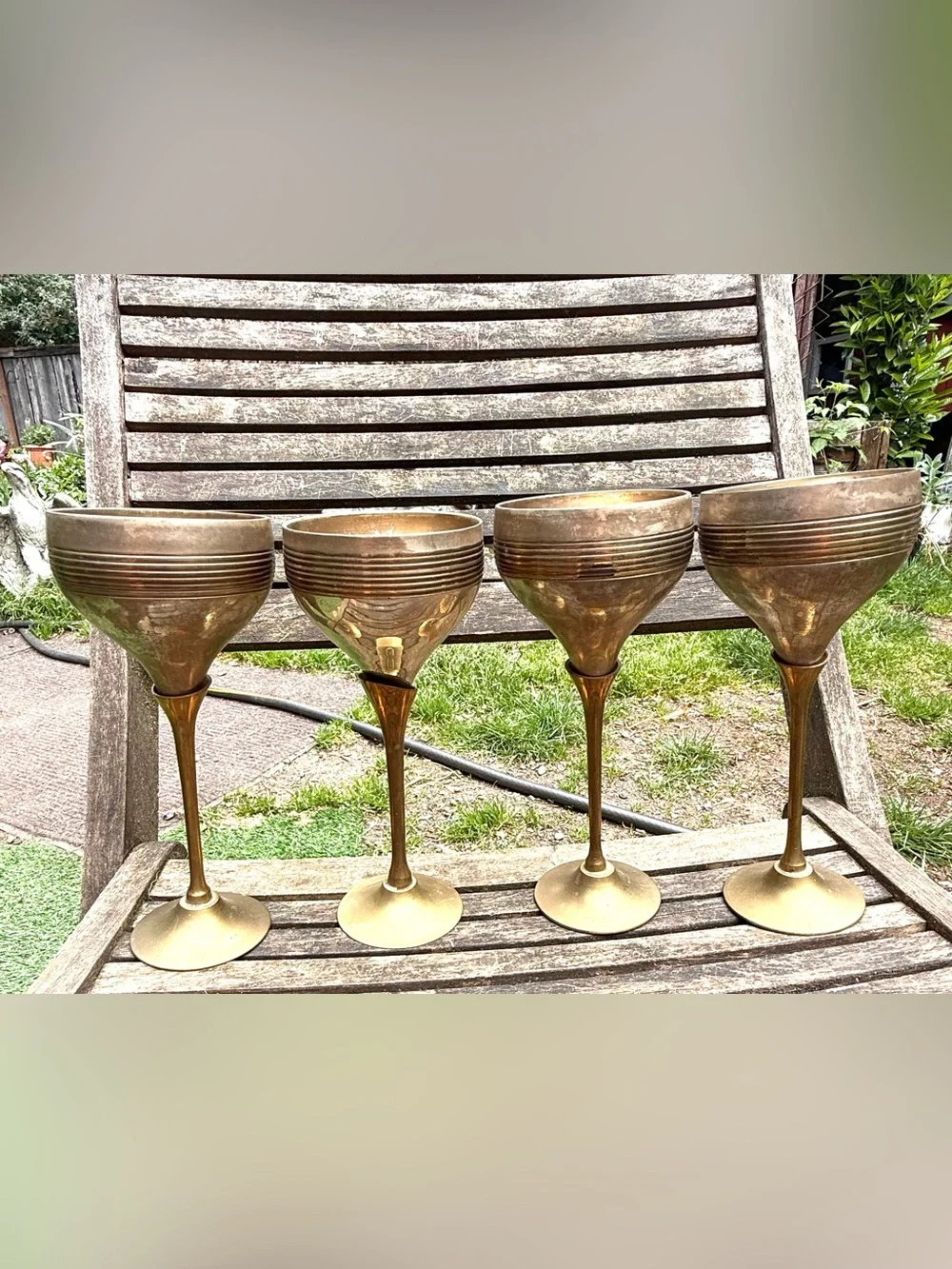 Four Vintage Tulip Ribbed Brass & Silver Plate Wine Goblets | Mid Century Modern